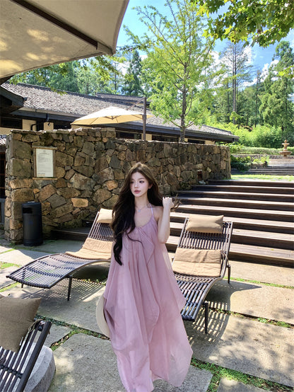 Ethereal Halter Neck A-Line Tulle Overlay Maxi Dress Dreamy Pink Backless Jacquard Long Dress AP3301