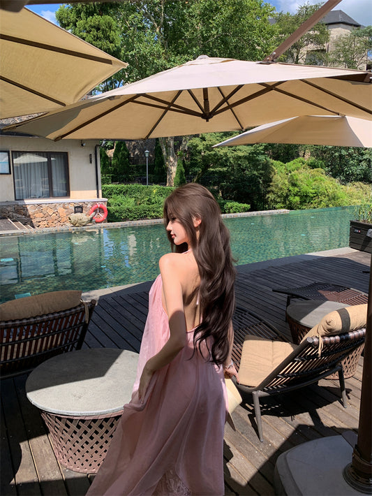 Ethereal Halter Neck A-Line Tulle Overlay Maxi Dress Dreamy Pink Backless Jacquard Long Dress AP3301