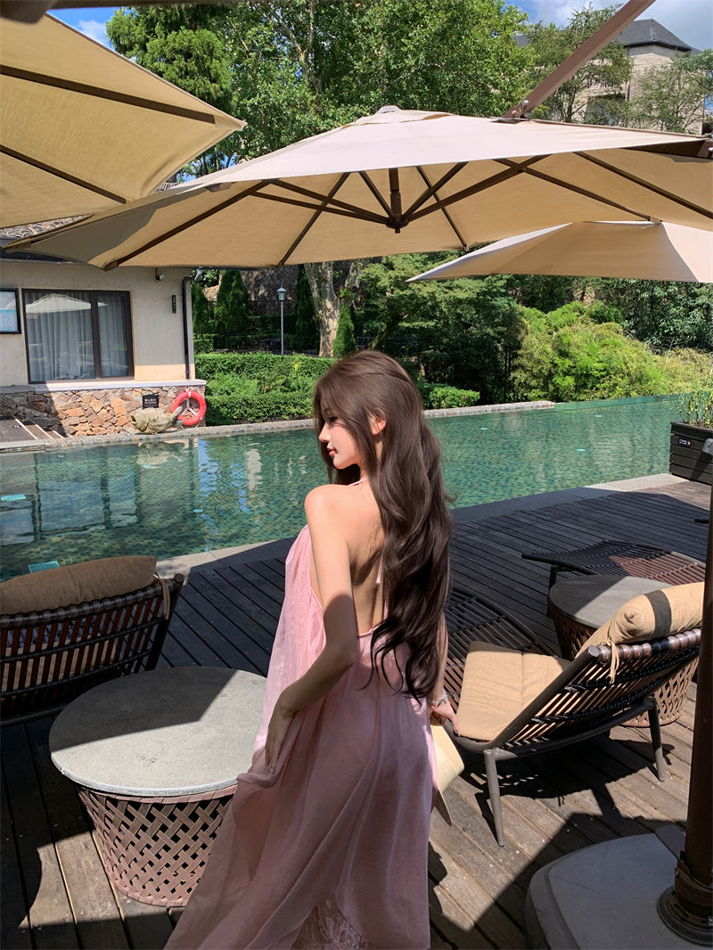 Ethereal Halter Neck A-Line Tulle Overlay Maxi Dress Dreamy Pink Backless Jacquard Long Dress AP3301