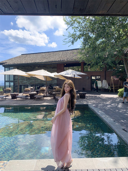 Ethereal Halter Neck A-Line Tulle Overlay Maxi Dress Dreamy Pink Backless Jacquard Long Dress AP3301