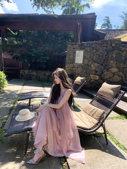 Ethereal Halter Neck A-Line Tulle Overlay Maxi Dress Dreamy Pink Backless Jacquard Long Dress AP3301