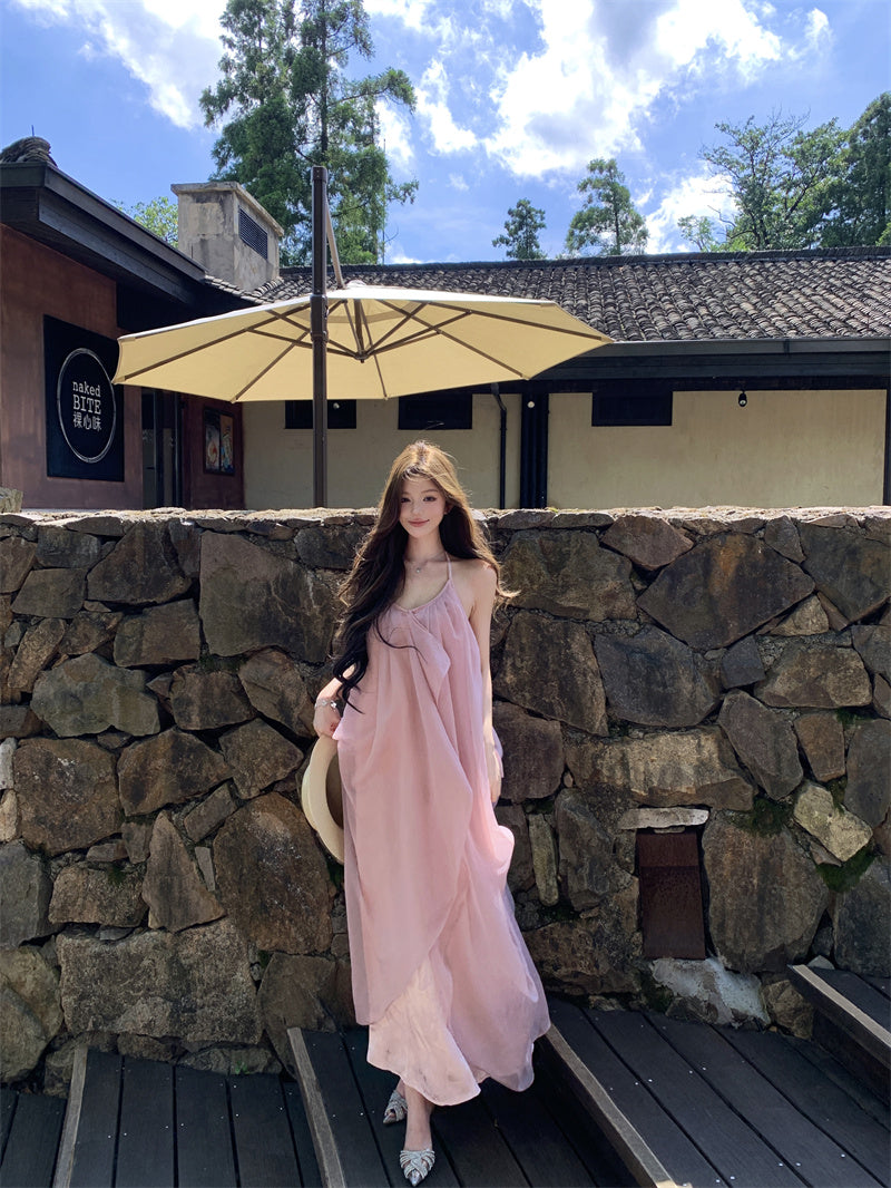 Ethereal Halter Neck A-Line Tulle Overlay Maxi Dress Dreamy Pink Backless Jacquard Long Dress AP3301