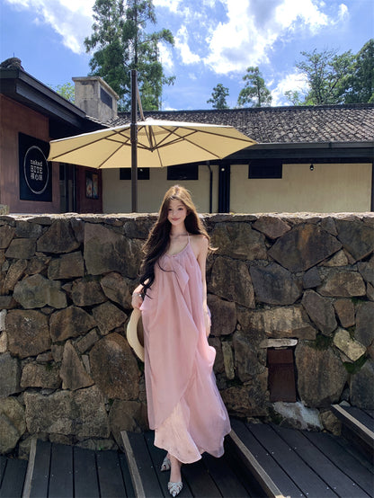 Ethereal Halter Neck A-Line Tulle Overlay Maxi Dress Dreamy Pink Backless Jacquard Long Dress AP3301