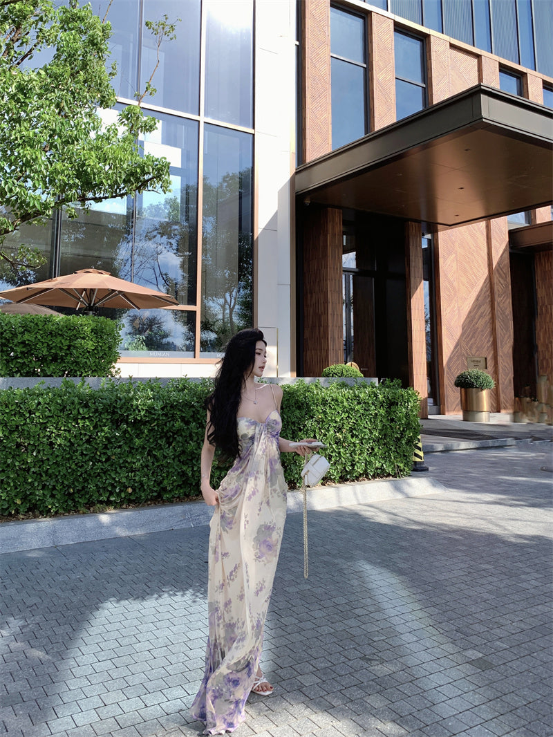 Dreamy Floral Print Sheath Spaghetti Strap Maxi Dress Graceful Draped Loose Fit Long Dress AP3302