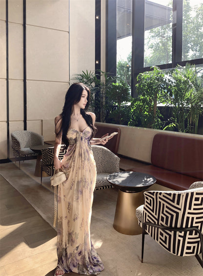 Dreamy Floral Print Sheath Spaghetti Strap Maxi Dress Graceful Draped Loose Fit Long Dress AP3302