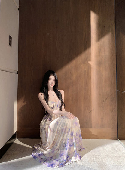 Dreamy Floral Print Sheath Spaghetti Strap Maxi Dress Graceful Draped Loose Fit Long Dress AP3302