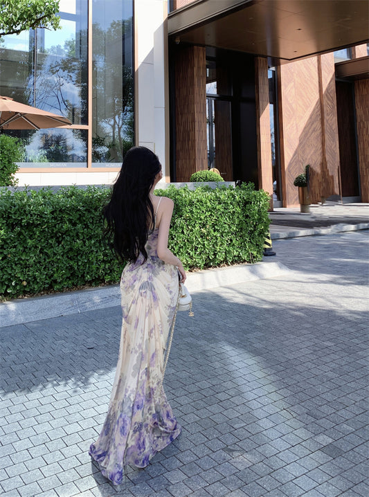 Dreamy Floral Print Sheath Spaghetti Strap Maxi Dress Graceful Draped Loose Fit Long Dress AP3302