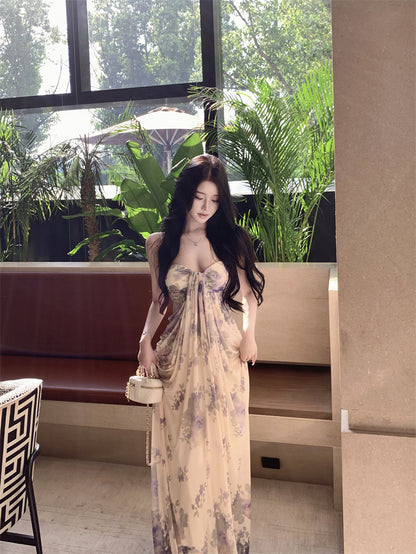Dreamy Floral Print Sheath Spaghetti Strap Maxi Dress Graceful Draped Loose Fit Long Dress AP3302