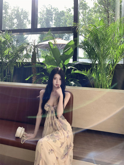 Dreamy Floral Print Sheath Spaghetti Strap Maxi Dress Graceful Draped Loose Fit Long Dress AP3302