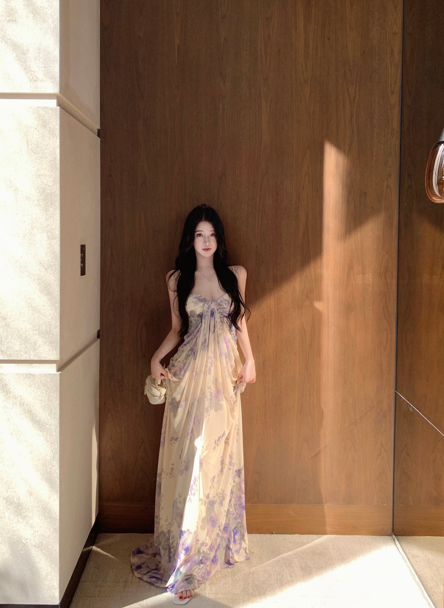 Dreamy Floral Print Sheath Spaghetti Strap Maxi Dress Graceful Draped Loose Fit Long Dress AP3302