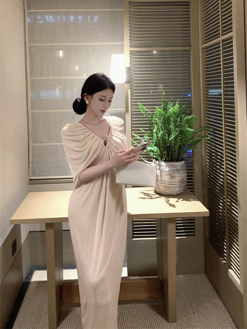 Romantic Ruched Cape Shawl Sheath Maxi Dress Chic V-Neck Pearl Button Long Dress AP3303