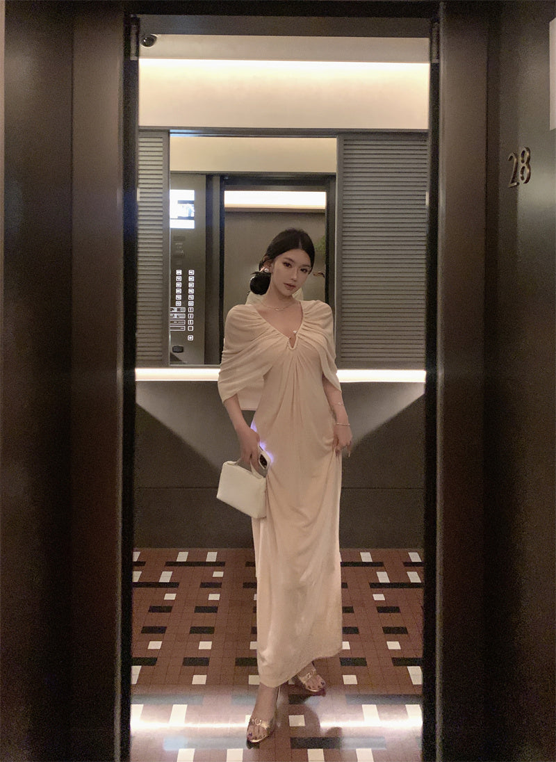 Romantic Ruched Cape Shawl Sheath Maxi Dress Chic V-Neck Pearl Button Long Dress AP3303