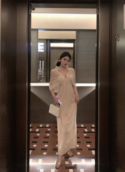 Romantic Ruched Cape Shawl Sheath Maxi Dress Chic V-Neck Pearl Button Long Dress AP3303