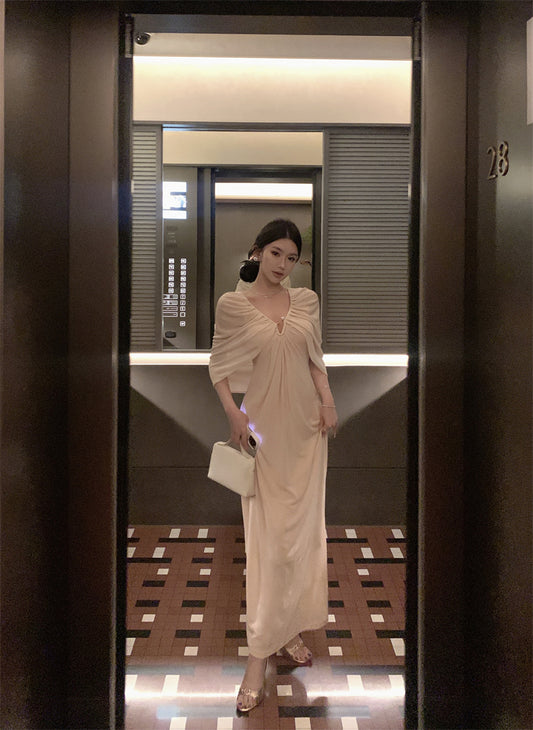 Romantic Ruched Cape Shawl Sheath Maxi Dress Chic V-Neck Pearl Button Long Dress AP3303