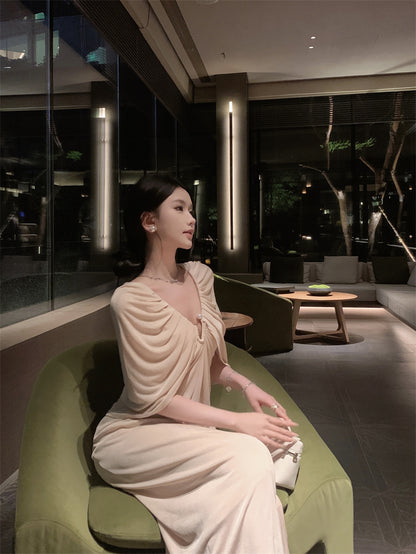 Romantic Ruched Cape Shawl Sheath Maxi Dress Chic V-Neck Pearl Button Long Dress AP3303