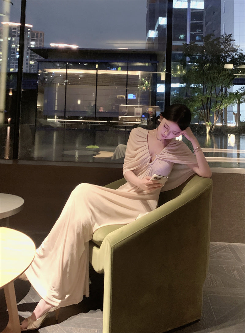 Romantic Ruched Cape Shawl Sheath Maxi Dress Chic V-Neck Pearl Button Long Dress AP3303