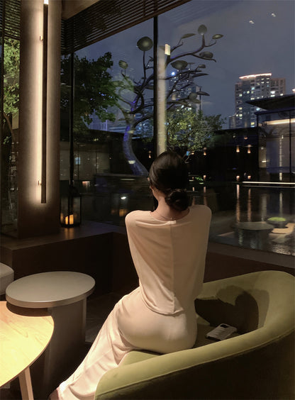 Romantic Ruched Cape Shawl Sheath Maxi Dress Chic V-Neck Pearl Button Long Dress AP3303