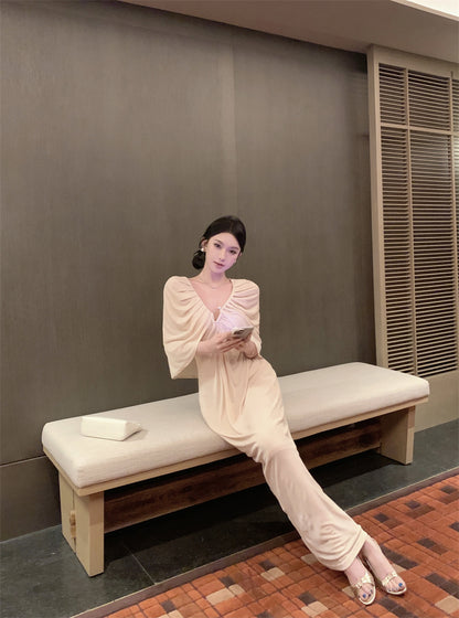 Romantic Ruched Cape Shawl Sheath Maxi Dress Chic V-Neck Pearl Button Long Dress AP3303