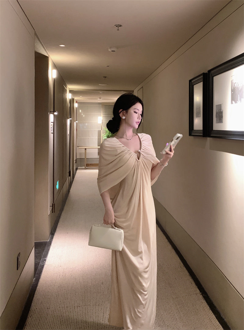 Romantic Ruched Cape Shawl Sheath Maxi Dress Chic V-Neck Pearl Button Long Dress AP3303