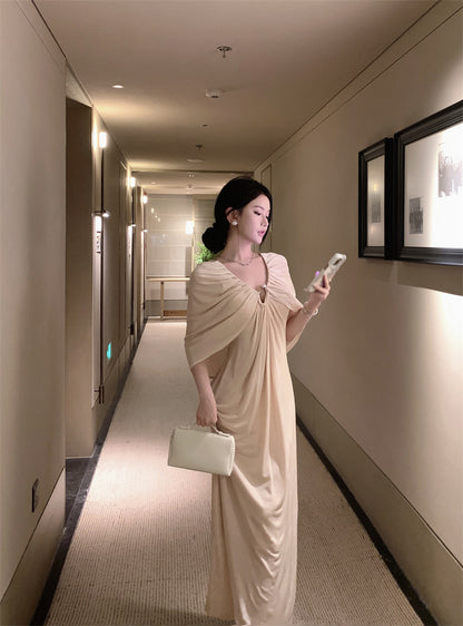 Romantic Ruched Cape Shawl Sheath Maxi Dress Chic V-Neck Pearl Button Long Dress AP3303