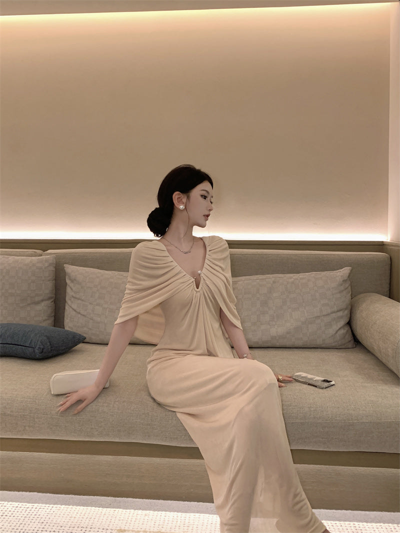Romantic Ruched Cape Shawl Sheath Maxi Dress Chic V-Neck Pearl Button Long Dress AP3303