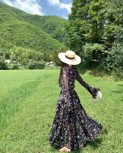 Vintage Floral Print Ruffled 2-Piece Set Maxi Dress Classical Open Waist Long Bell Sleeve Flowy Long Dress AP3304