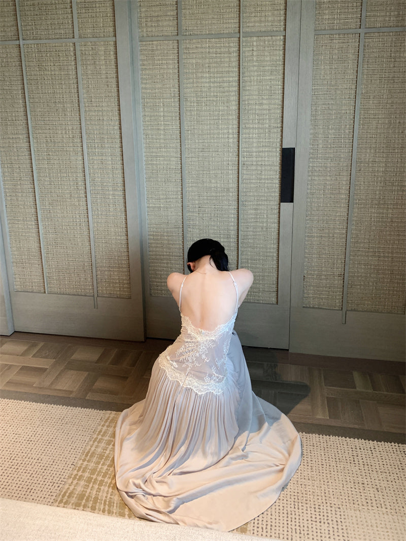 Travel Vacation Style Lace Halter Neck A-Line Maxi Dress Elegant Backless Splicing Pleated Long Dress AP3305