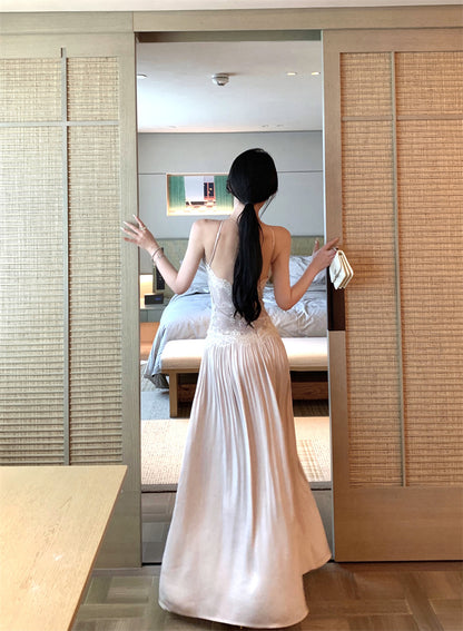 Travel Vacation Style Lace Halter Neck A-Line Maxi Dress Elegant Backless Splicing Pleated Long Dress AP3305