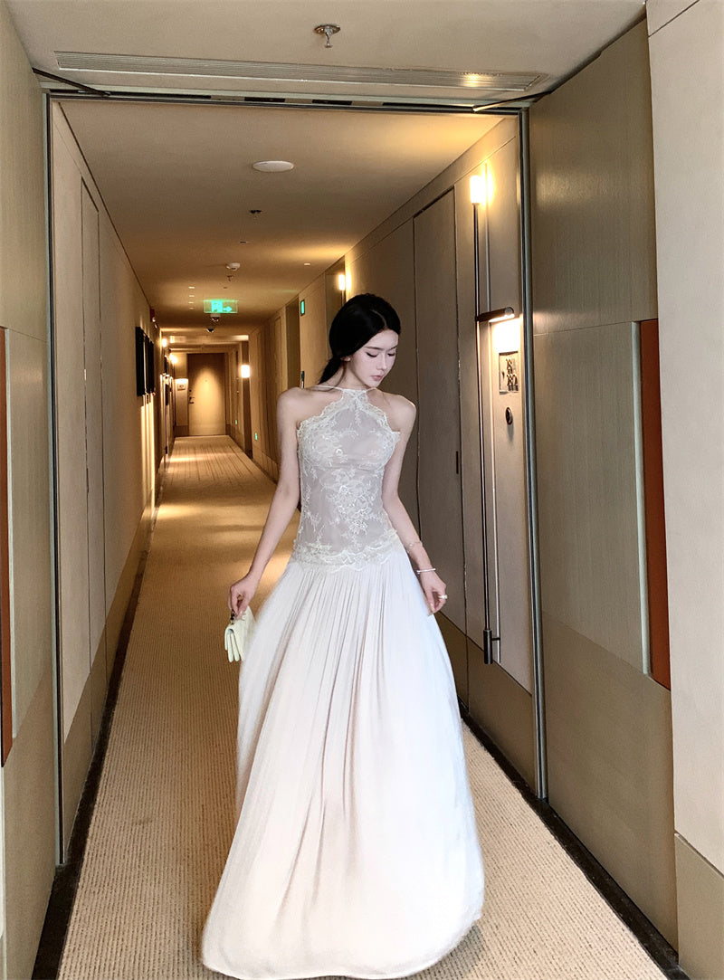 Travel Vacation Style Lace Halter Neck A-Line Maxi Dress Elegant Backless Splicing Pleated Long Dress AP3305