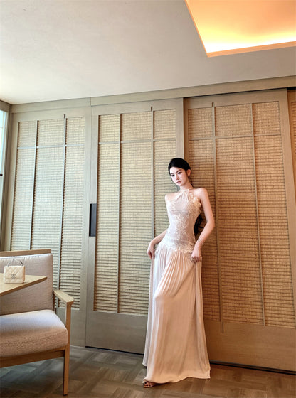 Travel Vacation Style Lace Halter Neck A-Line Maxi Dress Elegant Backless Splicing Pleated Long Dress AP3305