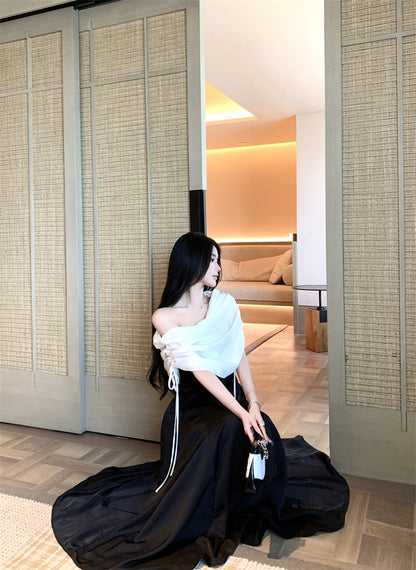 Charming A-Line Asymmetric Neckline Ruched Maxi Dress Novelty Gathered Cinched-Waist Long Dress AP3306