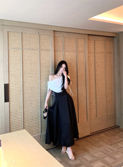 Charming A-Line Asymmetric Neckline Ruched Maxi Dress Novelty Gathered Cinched-Waist Long Dress AP3306