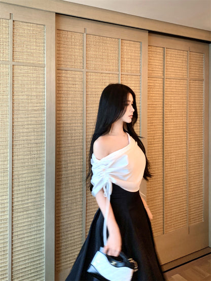 Charming A-Line Asymmetric Neckline Ruched Maxi Dress Novelty Gathered Cinched-Waist Long Dress AP3306