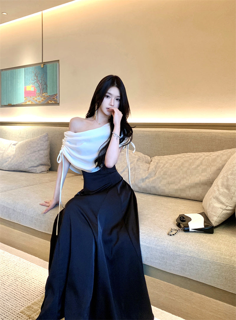 Charming A-Line Asymmetric Neckline Ruched Maxi Dress Novelty Gathered Cinched-Waist Long Dress AP3306