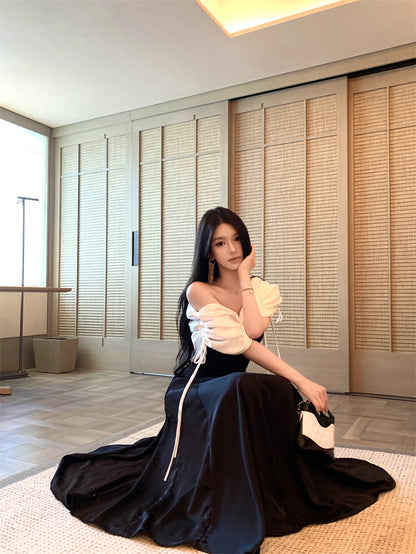 Charming A-Line Asymmetric Neckline Ruched Maxi Dress Novelty Gathered Cinched-Waist Long Dress AP3306