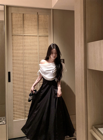 Charming A-Line Asymmetric Neckline Ruched Maxi Dress Novelty Gathered Cinched-Waist Long Dress AP3306