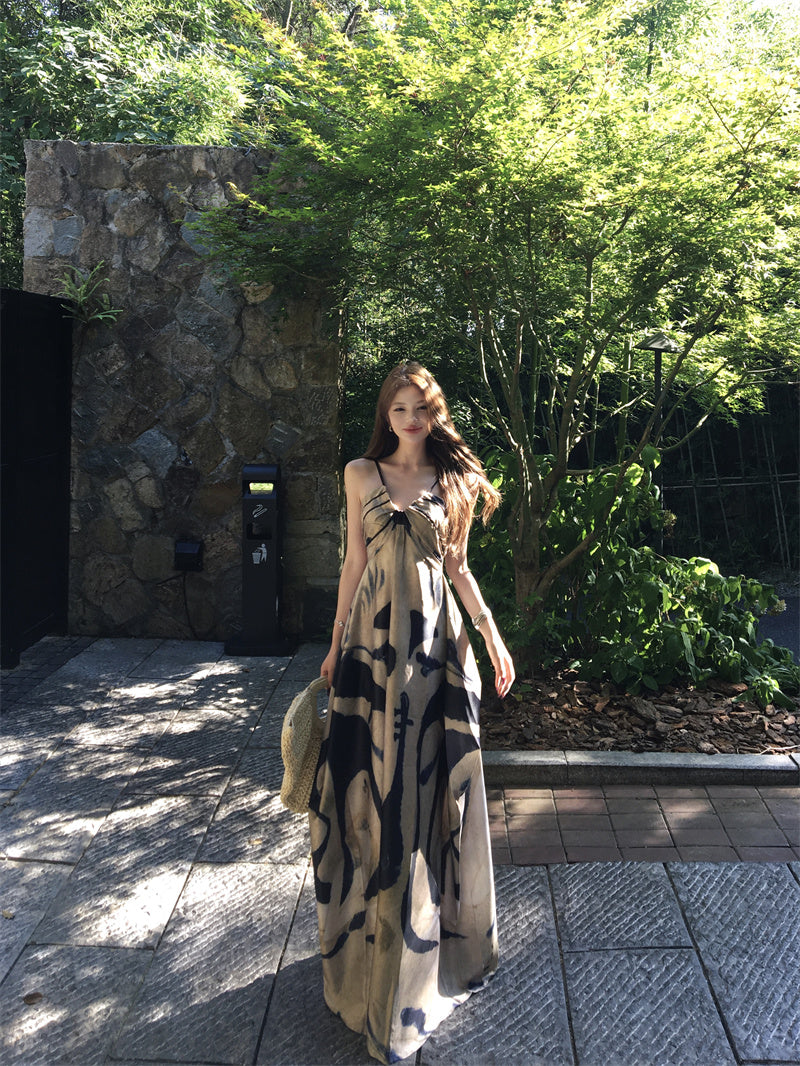 Retro Spaghetti Strap A-Line Maxi Dress Casual Abstract Pattern Loose Fit Long Dress AP3307