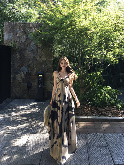 Retro Spaghetti Strap A-Line Maxi Dress Casual Abstract Pattern Loose Fit Long Dress AP3307