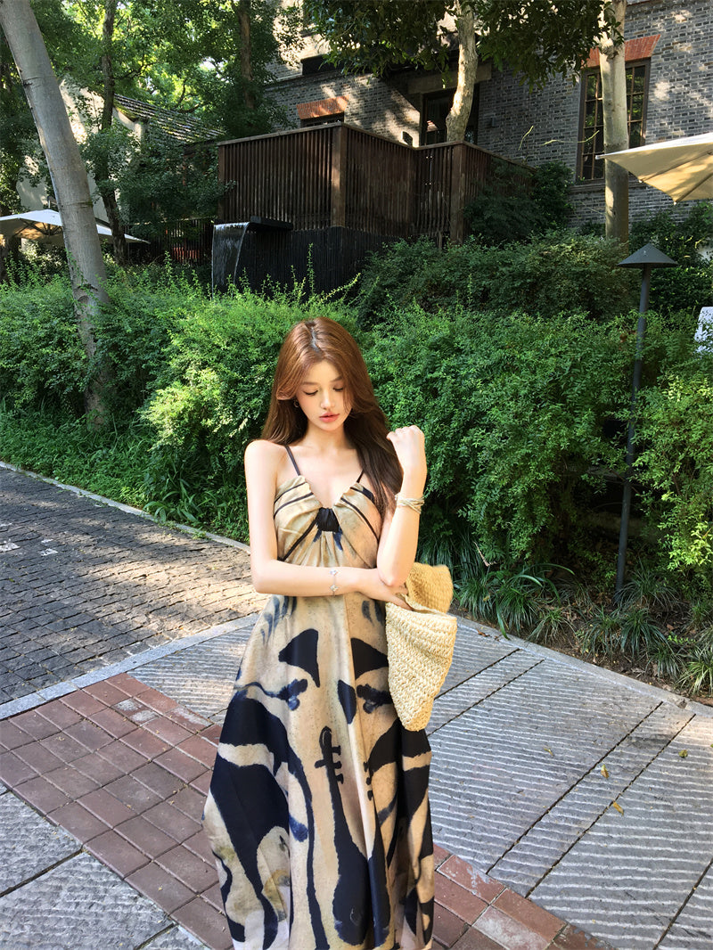Retro Spaghetti Strap A-Line Maxi Dress Casual Abstract Pattern Loose Fit Long Dress AP3307