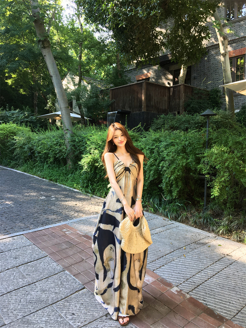 Retro Spaghetti Strap A-Line Maxi Dress Casual Abstract Pattern Loose Fit Long Dress AP3307