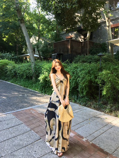 Retro Spaghetti Strap A-Line Maxi Dress Casual Abstract Pattern Loose Fit Long Dress AP3307