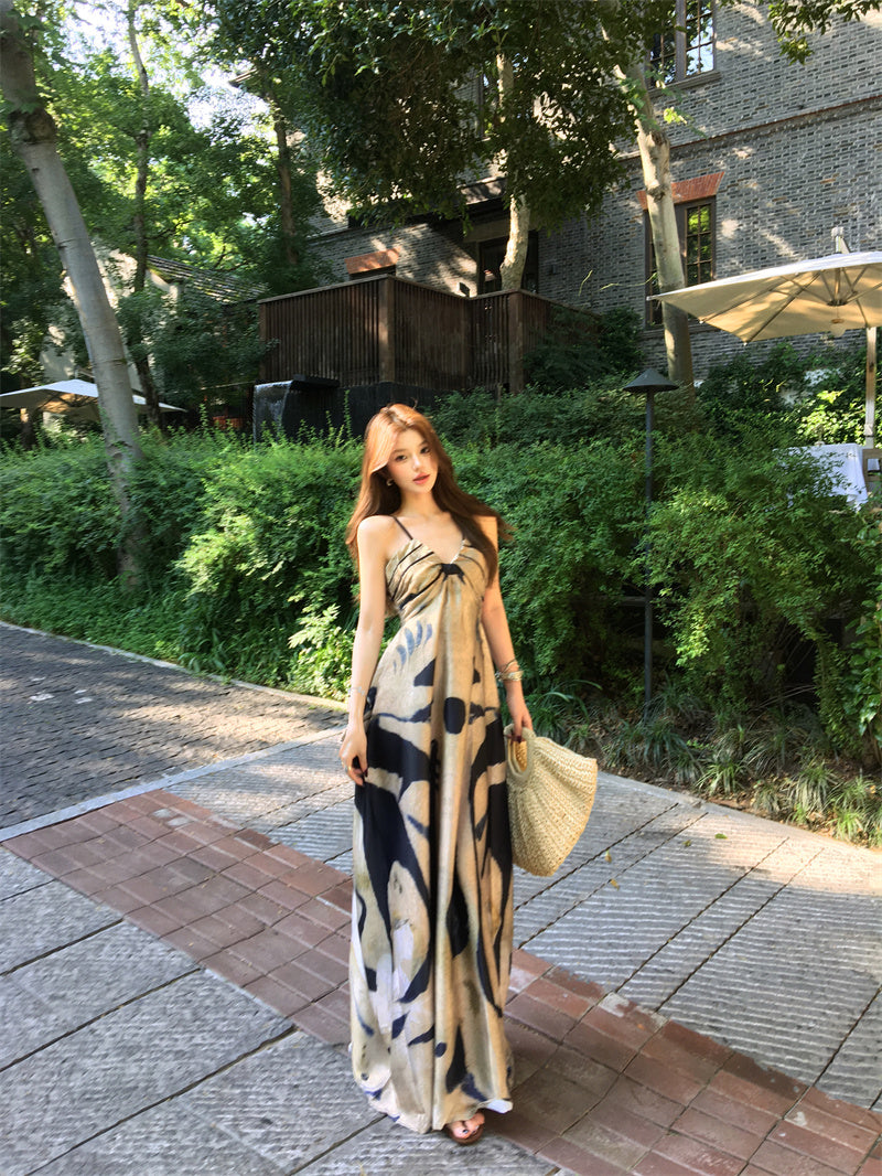 Retro Spaghetti Strap A-Line Maxi Dress Casual Abstract Pattern Loose Fit Long Dress AP3307