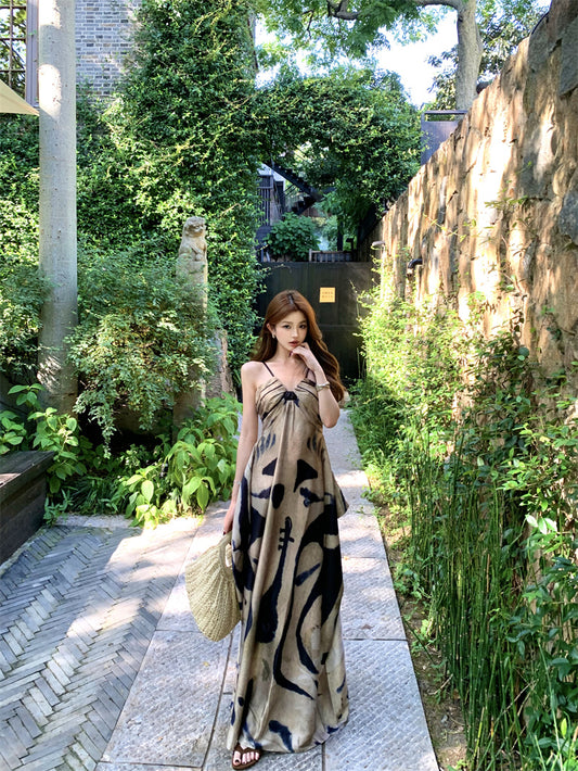 Retro Spaghetti Strap A-Line Maxi Dress Casual Abstract Pattern Loose Fit Long Dress AP3307