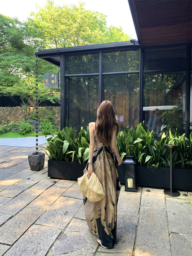 Retro Spaghetti Strap A-Line Maxi Dress Casual Abstract Pattern Loose Fit Long Dress AP3307