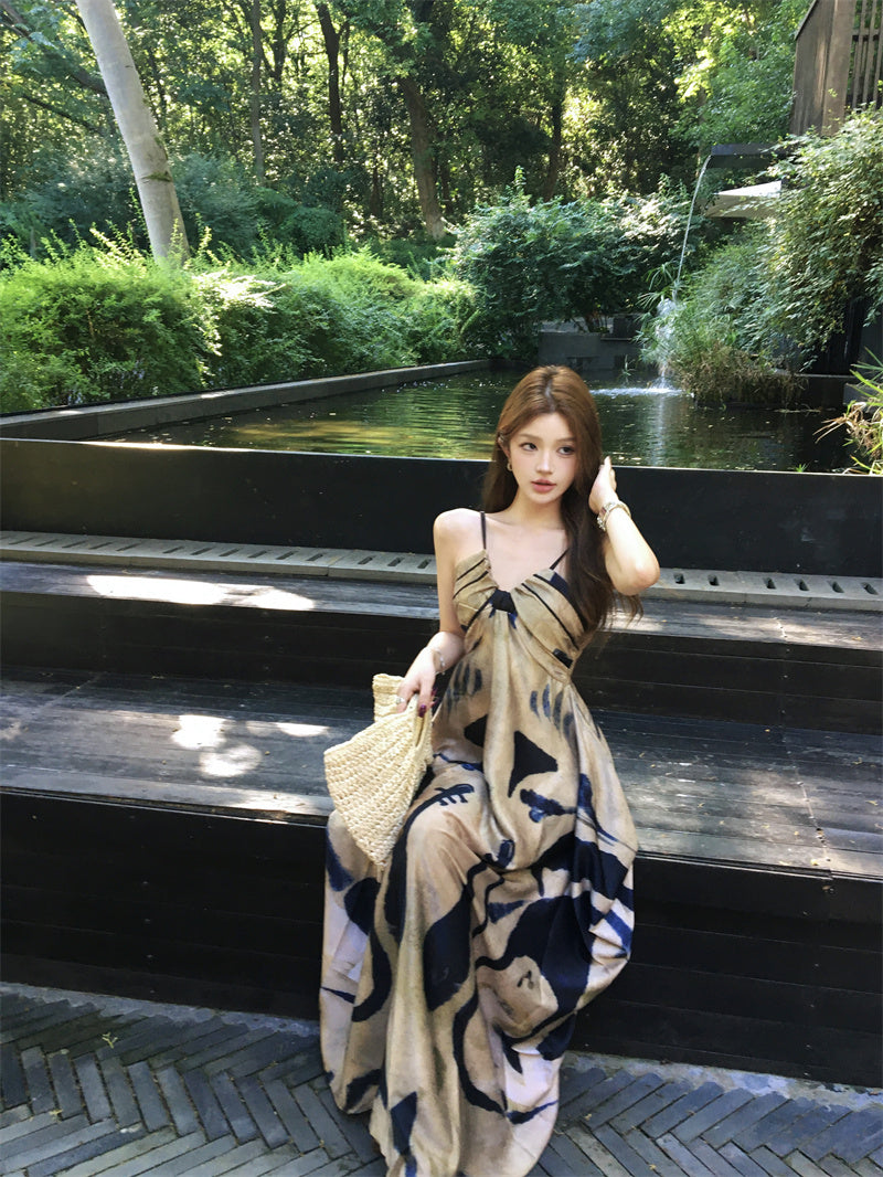 Retro Spaghetti Strap A-Line Maxi Dress Casual Abstract Pattern Loose Fit Long Dress AP3307