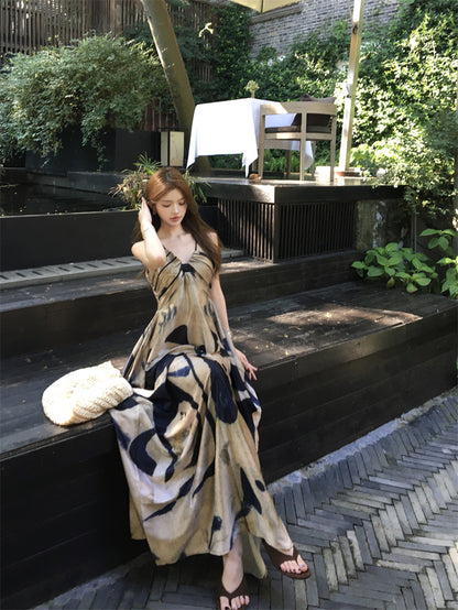 Retro Spaghetti Strap A-Line Maxi Dress Casual Abstract Pattern Loose Fit Long Dress AP3307