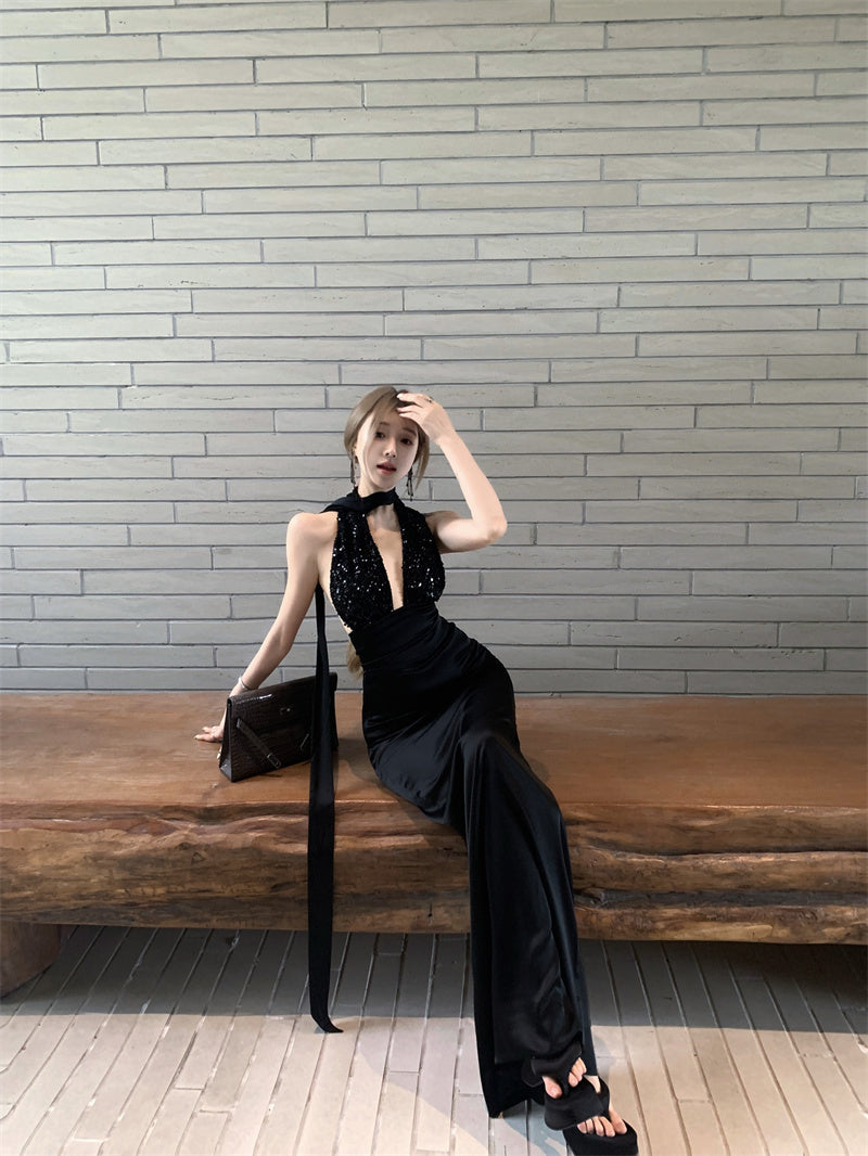 New Fashion Sheath Halter Neck 2-Piece Set Maxi Dress Sexy Cutout Sequinis Backless Black Long Dress AP3308