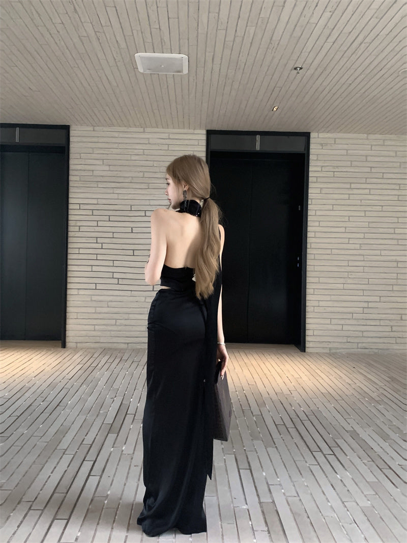 New Fashion Sheath Halter Neck 2-Piece Set Maxi Dress Sexy Cutout Sequinis Backless Black Long Dress AP3308