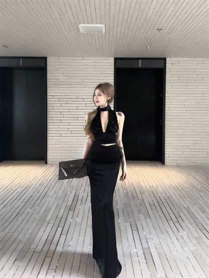 New Fashion Sheath Halter Neck 2-Piece Set Maxi Dress Sexy Cutout Sequinis Backless Black Long Dress AP3308