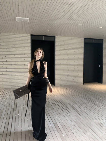 New Fashion Sheath Halter Neck 2-Piece Set Maxi Dress Sexy Cutout Sequinis Backless Black Long Dress AP3308